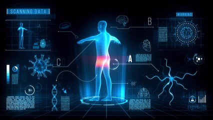 3D Human motion graphic HUD screen . Futuristic infographics with 3d rotating body, scanning, animated DNA, virus, organ icons, hud data and digital elements. - Powered by Adobe