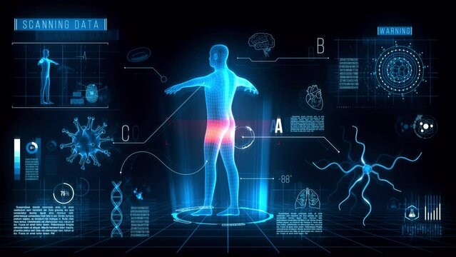 3D Human motion graphic HUD screen . Futuristic infographics with 3d rotating body, scanning, animated DNA, virus, organ icons, hud data and digital elements.