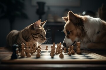 Feline and canine battle wits over a chessboard - high-tech. Generative AI - obrazy, fototapety, plakaty