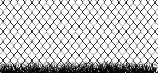 Steel wire chain, line fence and grass border. Chainlink fence. Safety fence pattern. Seamless chain link fence. Wire mesh steel icon. Grid metal chain-link. Metallic wired fence