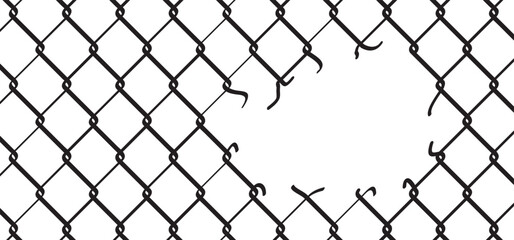 Naklejka premium Ripped steel wire chain. Chainlink fence. Safety fence pattern. Seamless chain link fence netting torn. Wire mesh steel icon. Grid metal chain-link. Metallic wired fence pattern. Rabitz with hole.