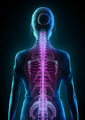 Semi-transparent holograph of a woman’s back in the style of medical imaging human anatomy, highlighting spinal column p2