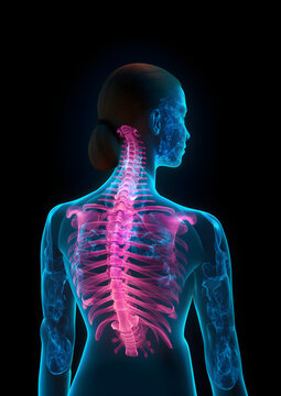 Semi-transparent holograph of a woman’s back in the style of medical imaging human anatomy, highlighting spinal column