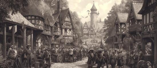 Graphite drawing of a market in a medieval village. generative AI