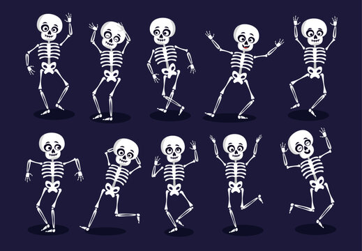 Halloween set of cute dancing skeletons isolated on dark blue background. Vector collection of funny cartoon characters of dead bodies with white bones and skulls running, jumping and posing.