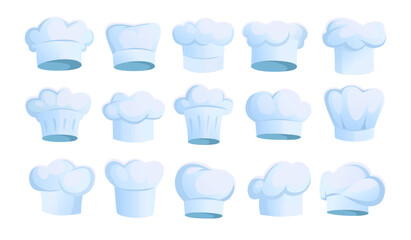 Set of chef hat icons in different shapes isolated on white background. Professional kitchen headwear vector collection. Restaurant or bakery uniform parts. Fine cuisine chef hats in cartoon style. - obrazy, fototapety, plakaty