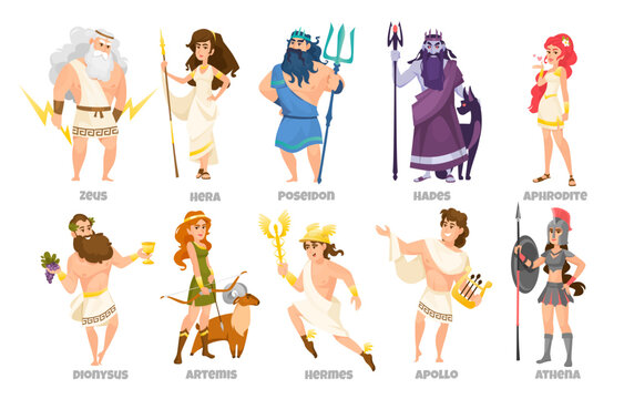 Set of Greek mythology gods and goddesses isolated on white background. Vector collection of mythological figures: Zeus, Hera, Poseidon, Hades, Aphrodite, Dionysus, Artemis, Hermes, Apollo, Athena.