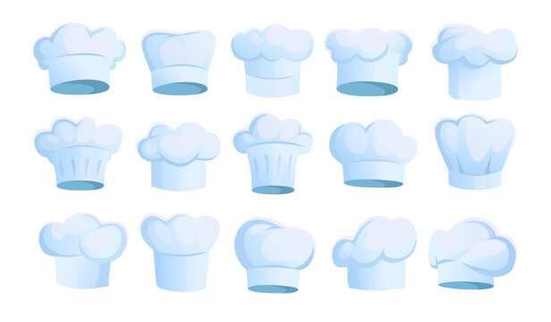 Set of chef hat icons in different shapes isolated on white background. Professional kitchen headwear vector collection. Restaurant or bakery uniform parts. Fine cuisine chef hats in cartoon style.