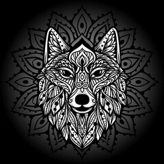 Wolf mandala. Vector illustration. Esoteric Sacred geometry. Spiritual Wild Animal in Zen boho style. Black and white print