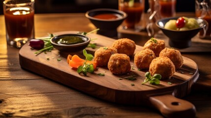Boulettes de Poisson served with a side of vegetables and dipping sauce on a wooden tabletop