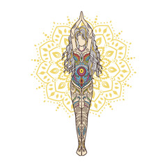 Yoga Girl with Mandala. Ornamental feminine Lotus meditation. Vector illustration on ethnic style. International yoga day card. Pose woman