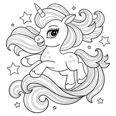 A beautiful unicorn with a long mane and tail. Black and white contour line drawing. For children's design of coloring books, prints, posters, cards, stickers, puzzles and so on. Vector © Zerlina
