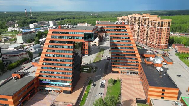 Aerial view of building with laboratories and innovative projects, inventions of a technical nature in the Technopark, Novosibirsk