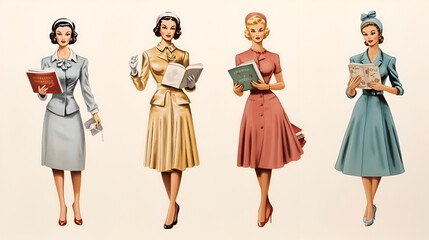 Illustration of Vintage Paper Dolls holding books; Book Club theme