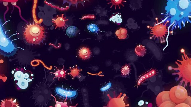 Background with stylized viruses, bacteria and microorganism. Cartoon style. 