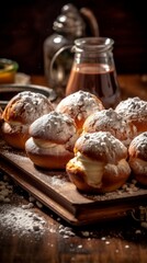 profiteroles arranged on a rustic wooden tray with a dusting of powdered sugar