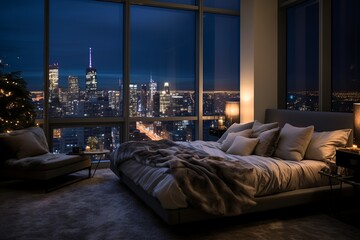 a lavishly decorated bedroom in a high-end penthouse suite. This image showcases plush bedding, deluxe furnishings, and a stunning urban skyline view visible through floor-to-ceiling windows