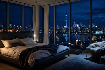 a lavishly decorated bedroom in a high-end penthouse suite. This image showcases plush bedding, deluxe furnishings, and a stunning urban skyline view visible through floor-to-ceiling windows
