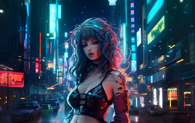 Fototapeta na wymiar anime girl in cyberpunk city