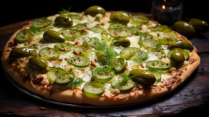 Pickles cornichons marinated vegan vegetarian gluten free lactose free green pizza food dish.