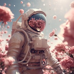 astronaut in flower garden . generative AI - obrazy, fototapety, plakaty