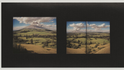 Two Pictures Of A Landscape With A Mountain In The Background
