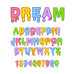 Vector stylized  melting colorful  font  alphabet  letters and  numbers.