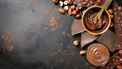 Black food background with cocoa, nuts and chocolate paste. top view