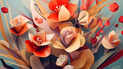Bouquet of flowers with an unusual shape of a pattern similar to cubism on the background, generated by AI