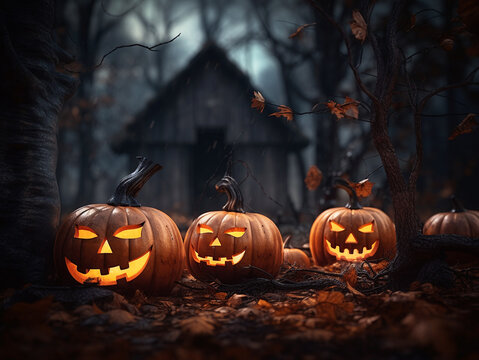 Orange Halloween pumpkins in a dark scary forest with terrible trees, Generative AI, generative artificial intelligence