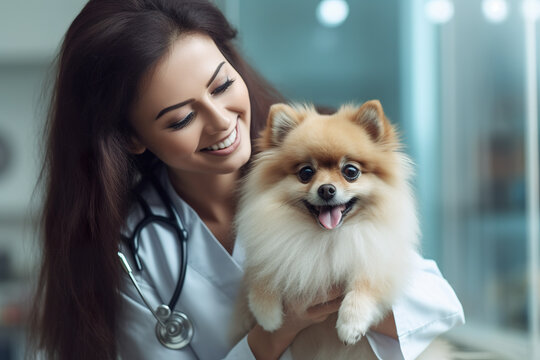 Veterinarian, Latino animal doctor checking a dog at a vet clinic, AI generative image.