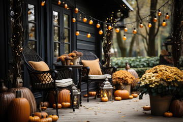 Fototapeta premium Porch of the backyard decorated with pumpkins and autumn flowers
