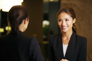 Polite and elegant hotel receptionist greeting hotel guests at reception counter. Generative AI.