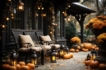  Porch of the backyard decorated with pumpkins and autumn flowers