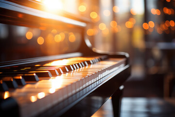A close up of a piano with lights in the background. Generative AI.
