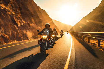 group of friends riding toghether at sunset group of motorcycle ai generated art