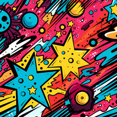 Comics illustration, retro and 90s style, pop art pattern, abstract crazy and psychedelic background, Generative AI