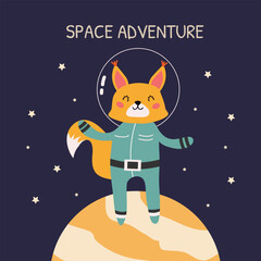 Hand-drawn vector illustration of a cute squirrel astronaut in space. Cute space illustration with a squirrel in a spacesuit on a planet. Space Adventure. Concept for children's t-shirt print, poster