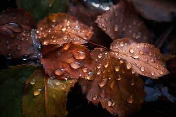 raindrop on autumn leaves closeup