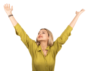 Raise arms up, portrait of pretty young blonde girl raise arms up. In good mood. Smiling eyes closed. Day dreaming happy girl. Stretching, celebrating, relaxing. Isolated, transparent, png copy space.