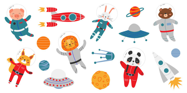 Large vector set of space elements and animals. Cute animals in space suits. Rockets, planets, space saucers. Children's space theme. Objects on white isolated background.