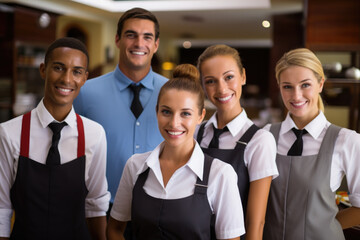 Fototapeta premium Friendly and professional hotel staff team, group photo. Generative AI.
