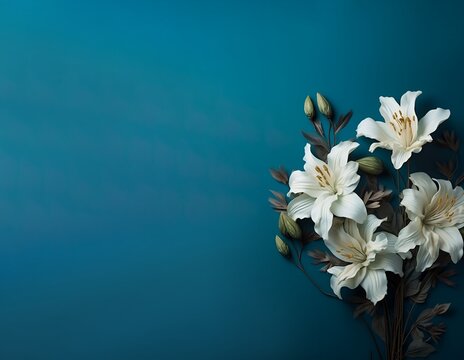White lilies on a blue background. Flowers for a wedding or funeral ceremony. AI generated