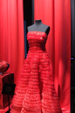 Shanghai,China-Feb.18th 2023: ARMANI PRIVE luxury red dress on exhibition