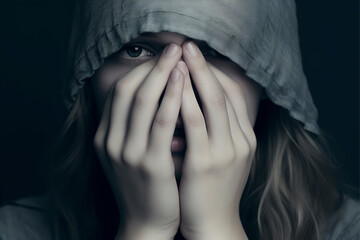 Close-up portrait of a fearful young girl with a hood covering her eyes and face with her hands - mental health, isolated, black background - obrazy, fototapety, plakaty