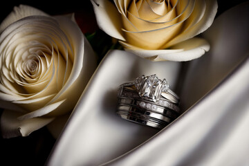 A Couple Of Rings Sitting On Top Of A White Rose