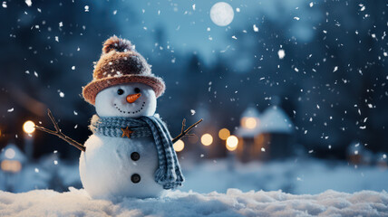 Obraz premium Adorable Snowman in a Frosty Landscape with Falling Snowflakes