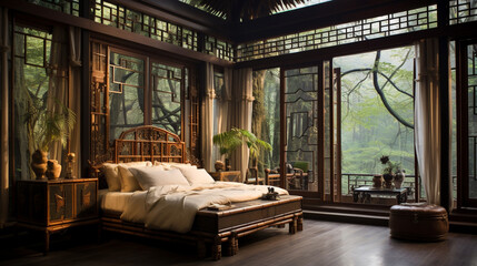 A traditional Chinese bedroom with a carved wooden bed, a silk canopy, and a floor-to-ceiling window with a view of a bamboo forest.