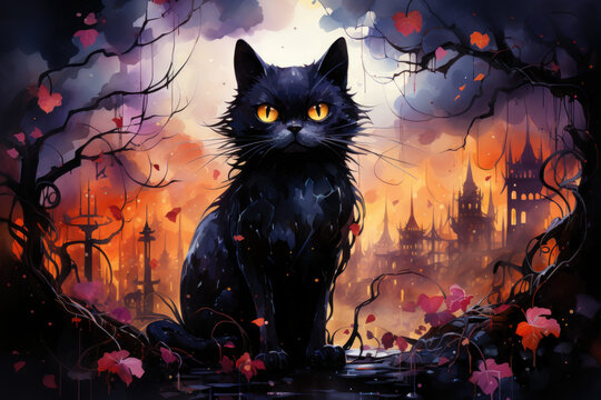 A painting of a black cat sitting in front of a castle. Generative AI. Halloween black cat on spooky background.