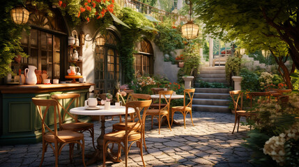 Outdoor coffee shop with a garden,  furnished with comfortable seating and plenty of plants, and a sense of relaxation and escape.